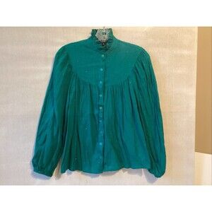 chaps high neck w/ruffle cottage core button green w/metallic gold accents sz S